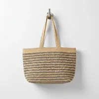 Sac fourre-tout en raphia rayé tressé style bohème grande capacité, sac à bandoulière portable avec fermeture éclair pour la plage et les voyages, pour femme
