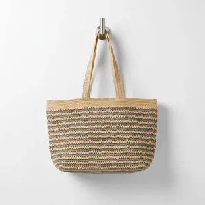 Striped <b>Raffia</b> Woven Bohemian Style <b>Tote</b> Bag Large Capacity Portable Shoulder Handbag with Zipper Closure for Beach Travel Women - Product Image 1