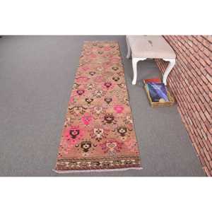 2.3x9.3 ft Vintage Rug, Turkish Runner Rug, <b>Brown</b> Pink Southwestern <b>Wool</b> Rug - Product Image 1