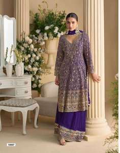 Premium Real Georgette Indian Pakistanais Collection Main Swarovski Brodé Séquence Top Palazzo Dupatta Costume Ensemble - Product Image 3