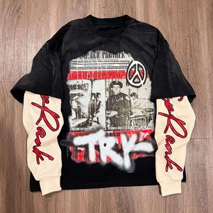 เสื้อยืดแขนยาวผ้าลูกฟูกสำหรับผู้ชายพิมพ์ลายกราฟิกทรงโอเวอร์ไซส์เสื้อยืดแขนยาวสองชั้นพิมพ์ลายสกรีนแนววินเทจ - Product Image 1