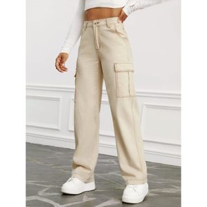 Jean cargo en denim OSCA beige, style moderne tendance, thème rétro, respirant, écologique, multi-poches (6), taille haute, coupe ample, 100% denim - Product Image 3