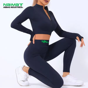 Élégant ensemble de yoga à manches longues 2 pièces pour femmes de haute qualité Spandex/Nylon haut à glissière avant taille haute pantalon actif de levage des fesses - Product Image 1