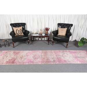 Alfombra turca Vintage de área grande de 2,8x11,5 pies, clásica, de lana rosa, de látex, Rectangular, de retazos, Rectangular, para pasillo, abstracto para habitación - Product Image 2