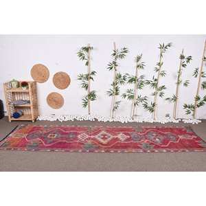 Tapis Vintage en Laine 2.9ft X 10.7ft Rouge Gris Patchwork Rectangle Design pour Entrée Chambre Lit Peluche 325cm X 88cm Latex Soutenu - Product Image 2