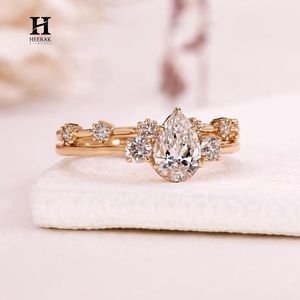Luxury Pear Cut Lab Grown Diamond Engagement <b>Ring</b> <b>Set</b> 14K Yellow <b>Gold</b> Curved Vine Cluster Bridal Stack - Product Image 2