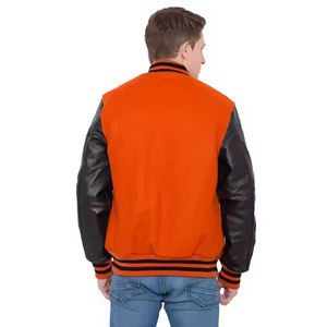 Chaqueta Universitaria Personalizada con Logotipo, Color Naranja y Negro, Cuerpo de Lana, Mangas de Cuero Vacuno Genuino, Cuello Alto, Diseño Invernal - Product Image 4