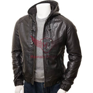 Veste à capuche en cuir noir pour homme de qualité supérieure avec taille élastiquée et deux poches zippées-Vêtements d'extérieur élégants pour la mode - Product Image 1