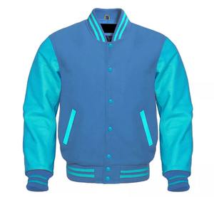 Premium Unisex Letterman Baseball Varsity Jacket Cuero genuino Loro Lana Mangas Mar Azul Lona High School Bomber Winter - Product Image 4