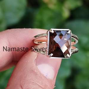 Handmade Boho <b>Statement</b> Ring Smoky Quartz & Silver <b>Cushion</b> Checker Cut Brown Gemstone Sterling Silver Birthday Gift for Him - Product Image 2
