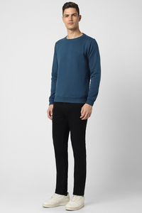 <b>Men's</b> Regular Fit Crew Neck Solid Color Knitted Sweatshirt Pullover Casual Style Autumn Wear 100% Cotton <b>Blue</b> - Product Image 4