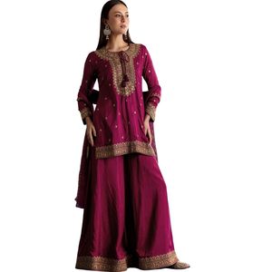 Traje de vino seda Kurta Palazzo con Zari y Butti Dupatta venta al por mayor mujeres Ropa Étnica OEM fábrica de ropa proveedor a granel - Product Image 3
