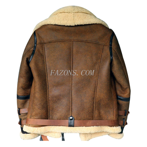 <b>Men's</b> Real Sheepskin B3 Flight <b>Jacket</b> Distressed Double Collar Bomber with Warm <b>Fur</b> Leather OEM Customizable - Product Image 3
