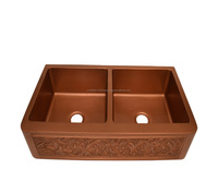 Évier de cuisine en cuivre à double cuvette de haute qualité avec finition antique Floral 50/50 Square Heavy Gauge Hammered Farmhouse Style Made India