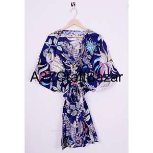 Robe de soirée moulante en kaftan à manches courtes et col en V, 100 % coton, écologique, imprimé floral dégradé, coupe classique, tissu respirant - Product Image 1