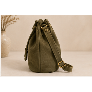 Modern Waterproof Olive Green Genuine Cow <b>Suede</b> Leather <b>Bucket</b> <b>Bag</b> for Women-Drawstring Closure with Custom Logo - Product Image 3