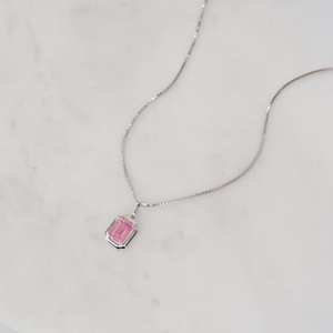 <b>Pink</b> Zircon Gemstone Necklace Baguette Style 925 Sterling Silver 14K Gold Plated <b>Box</b> Chain Statement Jewelry <b>Gift</b> For Her - Product Image 3