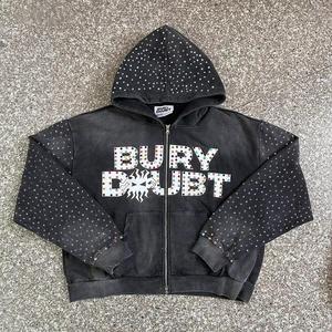Personnalisé de Haute Qualité Soleil Délavé Lourd 400gsm Vintage 100% coton Fermeture Éclair Boxy Fit Zip up Strass Hoodie pour Hommes - Product Image 1