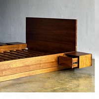 Ensemble de meubles de chambre à coucher de luxe, style minimaliste moderne, en teck, lit mural king/queen size, plateforme de lit, armoires flottantes, hôtels