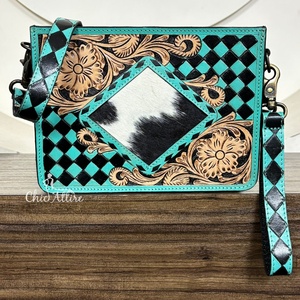 Mini sac en cuir véritable Western fait main avec sculpture florale, en cuir de vachette à carreaux, sac à bandoulière pour femme, pochette à main - Product Image 1