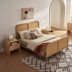 Cama de madera minimalista moderna, muebles de madera Suar de caoba de teca duradera para dormitorio para hoteles, villas, Color Natural 170123 - Product Image 1