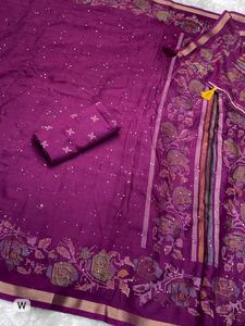 Sari de algodón Mul para mujer con lentejuelas y bordado de hilo, diseño completo estilo Kashmiri con borde de jacquard Zari y Pallu, hecho en India. - Product Image 3