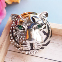 Luxe dames costume bijoux métal cristal strass argent tête de tigre broche