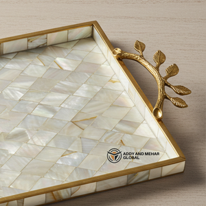 Bandeja de Servicio Rectangular de Resina Tallada de Lujo para Cocina, de un Solo Nivel, con Asas de Hoja Dorada Blanca/Iridiscente, Apta para Lavavajillas - Product Image 4