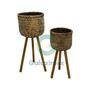 Factory Bamboo with Wood Legs Flower Pot Foldable Wholesale Grass Planter Plant <b>Baskets</b> for Indoor or Outdoor Garden 2025 - Product Image 1