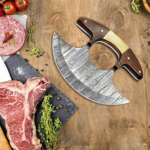 Cuchillo Ulu de acero damasco forjado a mano, mango de madera, Funda de cuero genuino, cocina Industrial de acero inoxidable, OEM DIY - Product Image 4