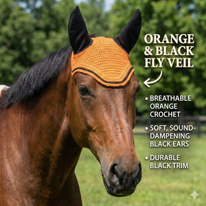Voile anti-mouches orange en crochet pour cheval, avec couvre-oreilles noirs et bordure contrastante, fait main, rembourré doux et confortable, bonnet équestre pour l'équitation - Product Image 4