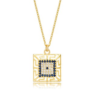 Collier avec pendentif en forme géométrique carrée œil turc à motif grec, bijoux faits à la main en Turquie, vente en gros, pendentif en argent sterling 925 - Product Image 1