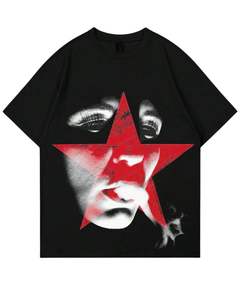 Oversized <b>Black</b> Cotton T <b>Shirt</b> <b>Red</b> Star Face Print Graphic Streetwear Tee Unisex Casual Summer Fashion Top Vintage Style Wear Go - Product Image 1