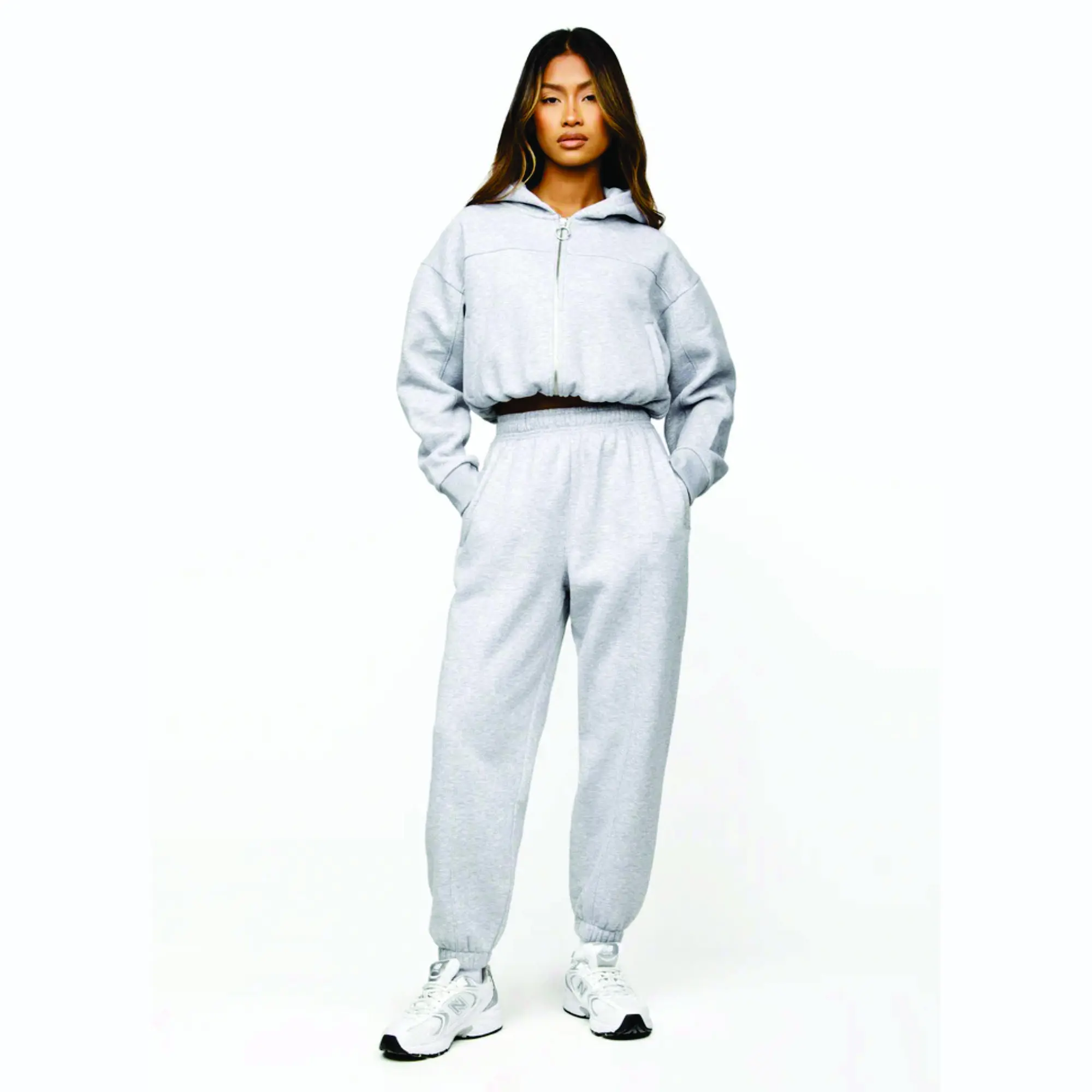 Women's Heather Grey Cropped Hoodie - 65% Cotton  35% Polyester  Full Zip Athletics Club Tracksuit Top