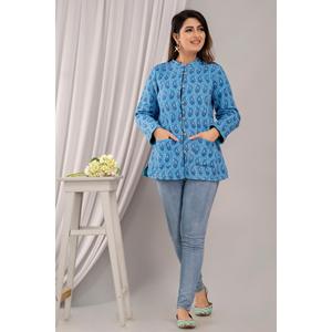 <b>Feather</b>-Decorated Women's Short Blue Quilted Jacket-Boho Style Floral Pattern Winter Coating XL Size - Product Image 4