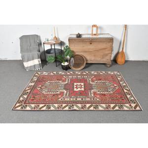 Alfombra de lana Vintage rojo Beige 4,1x6,5 pies estilo Kilim área grande alfombras rectangulares turcas Patchwork abstracto pasillo 10mm látex - Product Image 1