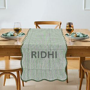Chemin de table en coton à volants, imprimé à la main, à rayures vertes de luxe RIDHI, broderie, décoration florale pour la maison, hôtel, événements en plein air - Product Image 1