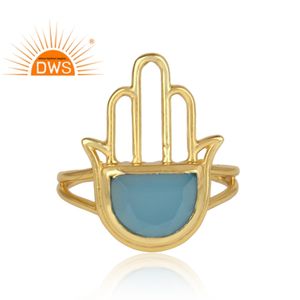 Best Selling Sterling Silver 18K Gold Plated Natural Blue Chalcedony Gemstone Hamsa Design <b>Adjustable</b> <b>Ring</b> Jewelry Manufacturer - Product Image 3