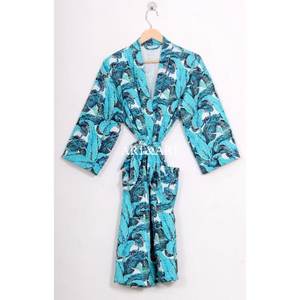 Indian Handmade Kantha Quilted Women's Full Length Kimono Robe Hand-Stitched Breathable 100% Cotton Summer Home Wear Floral - Product Image 5