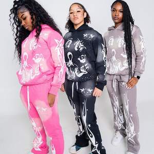 Personalizado desgastado bordado 3D Puff impresión Logo cara completa Zip up Hoodie Set mujeres chándal algodón Sun Faded Unisex chándal - Product Image 2