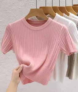 T-shirt slim à manches courtes pour femme, tricoté, col rond - Product Image 2