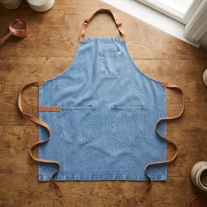 Delantal Clásico de Lona con Tirantes de Cuero, Tres Bolsillos, Reutilizable, Duradero, Moderno, para Cocinar, Uso Diario, Lavable a Máquina - Product Image 1