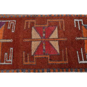 Vintage Herki Runner Rug 2.9x11.7 ft (88x358 Cm) Turkish <b>Brown</b> Patchwork <b>Wool</b> Rug with Latex Backing - Product Image 5