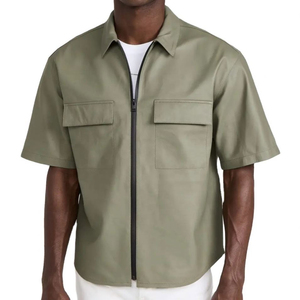 Fabricant OEM Logo personnalisé chemise en cuir manches courtes surdimensionné décontracté poitrine poche en cuir PU fermeture éclair chemises veste pour hommes - Product Image 1