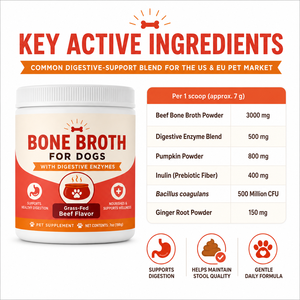 Suplemento para la Salud Intestinal de Mascotas OEM 198g, Caldo de Hueso en Polvo para Perros, Enzimas Digestivas, Probióticos Activos, Fibra de Calabaza - Product Image 6