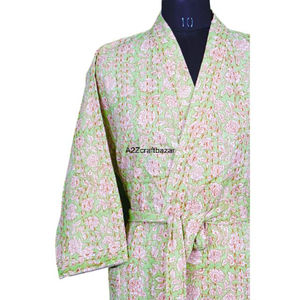 Eco Friendly Colorful Floral 100% Cotton <b>Long</b> Women <b>Kimono</b> Kantha Winter <b>Robe</b> Fabric Ethnic Traditional Vintage Indian Handmade - Product Image 5
