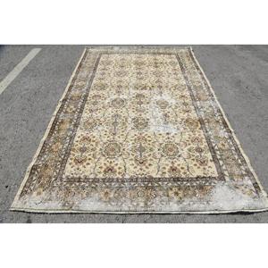 พรมตุรกีขนาด 6.2x9.7 ฟุต พรมวินเทจขนาดใหญ่ พรมลายตารางสีเบจน้ำตาล - Product Image 1