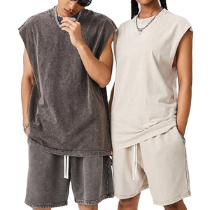 Ensemble sans manches unisexe surdimensionné, débardeur vintage délavé et short, tenue streetwear deux pièces, été - Product Image 1