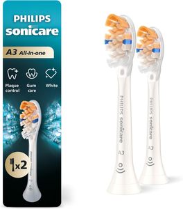 Têtes de brosse à dents électriques de rechange authentiques Philips Sonicare A3 tout-en-un, blanches, lot de 2, HX9092/77 - Product Image 1