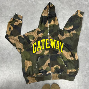 High Quality Unisex Custom Zipper <b>Camo</b> Hoodie <b>Jacket</b> Oversized Cotton Screen Print Men's Distressed Style high quality - Product Image 1